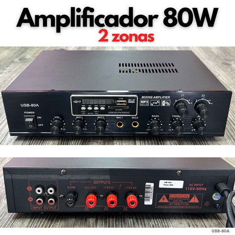 Amplificador 80W de 2 zonas con Bluetooth USB SD FM y salida 100V para música de fondo y voceo en Panamá