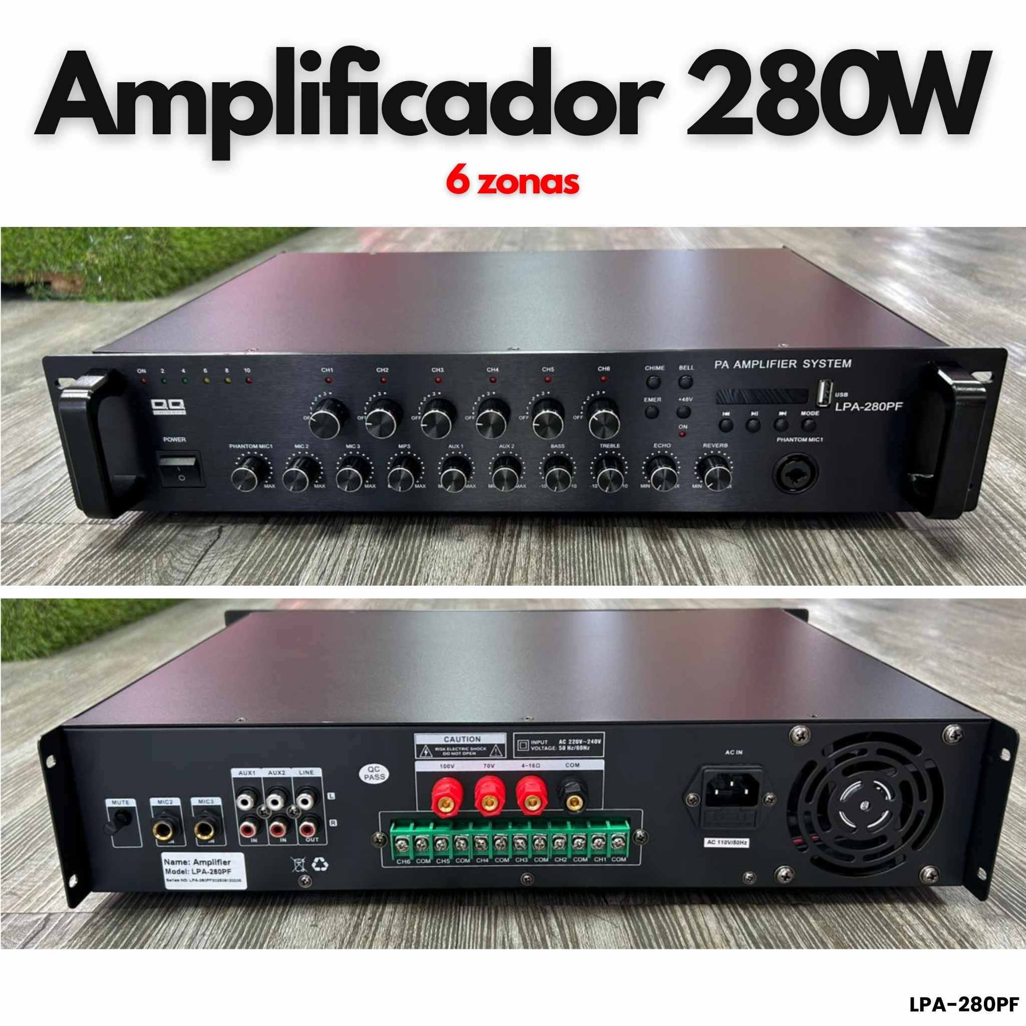 Amplificador PA para música ambiental y voceo 280W