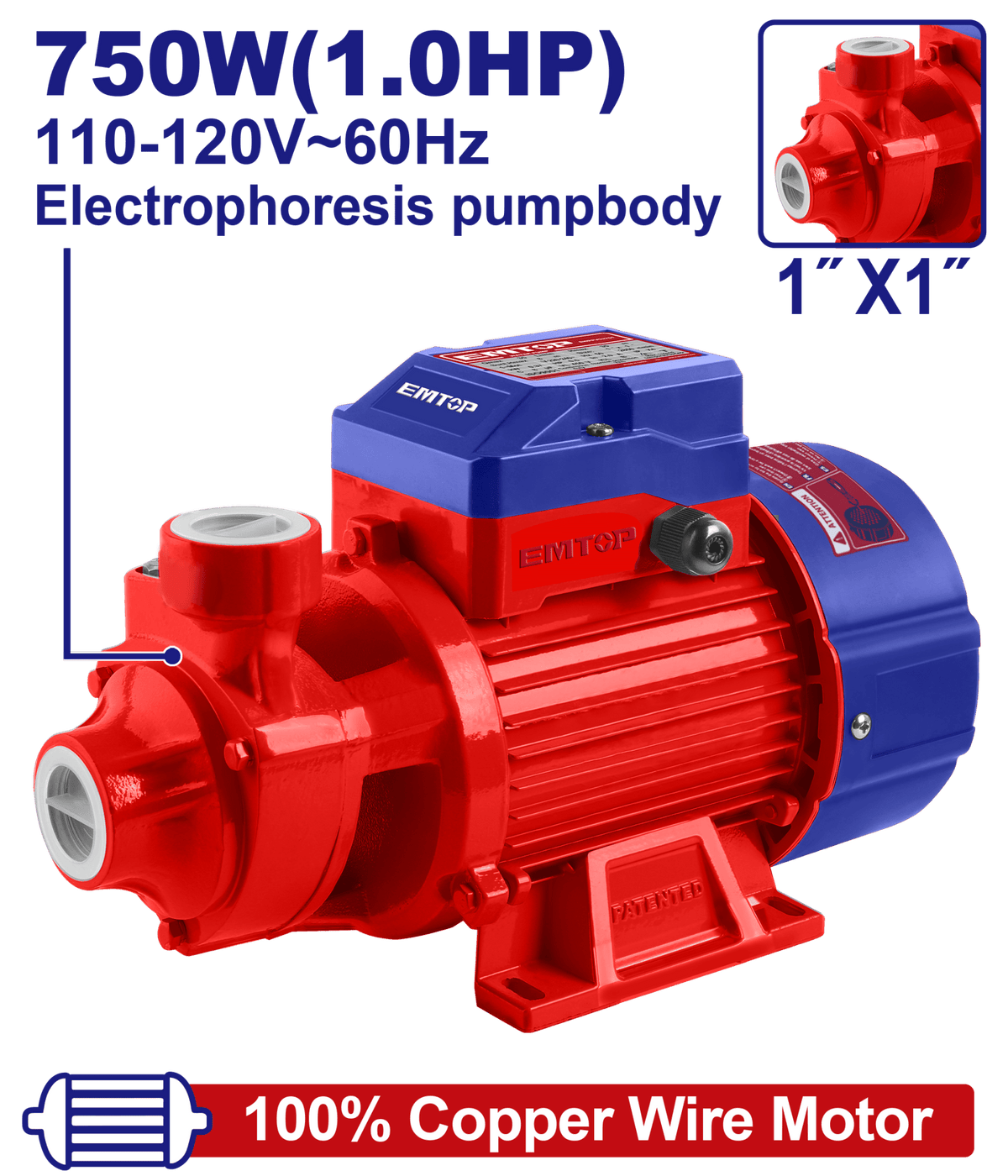 Bomba de agua periférica 750W 1.0HP 110VAC Emtop ULWPPV07501 - LA CASA DEL TELEFONO