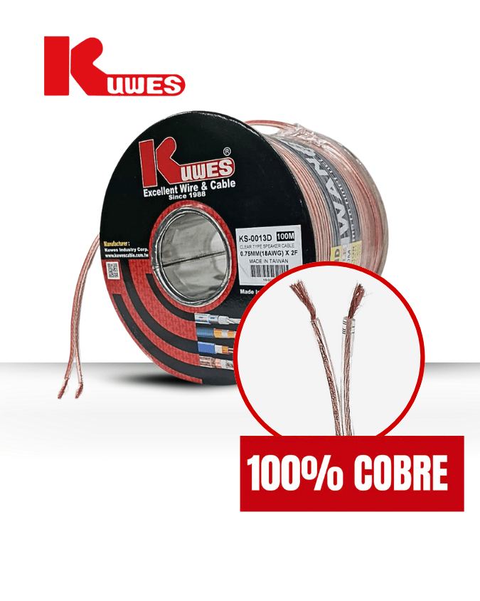 Cable para bocinas 18AWG 100% cobre, 100 metros Kuwes KS-0013D - LA CASA DEL TELEFONO