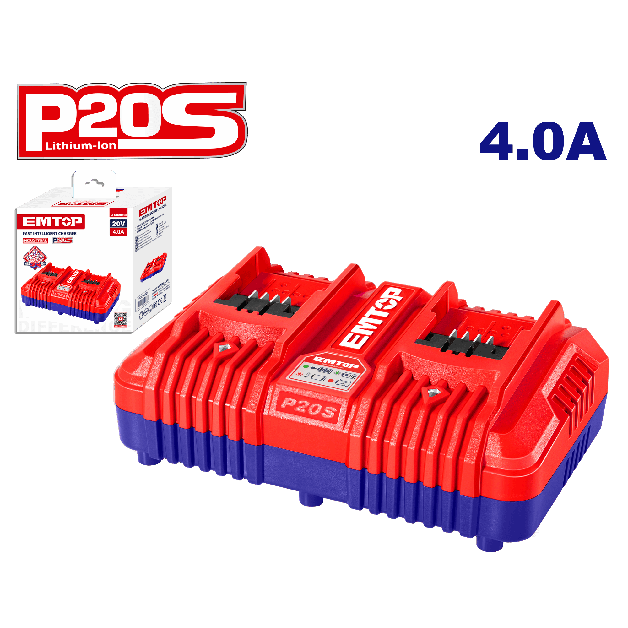 Cargador rápido doble para baterías 20V P20S Emtop ULFCR20403 - LA CASA DEL TELEFONO