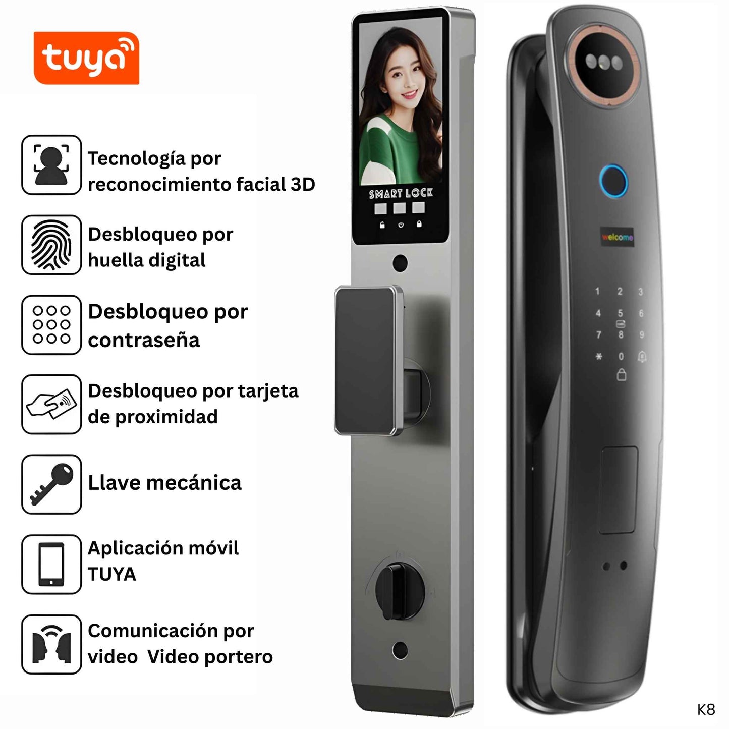cerradura inteligente k8 reconocimiento facial huella clave aplicacion tuya