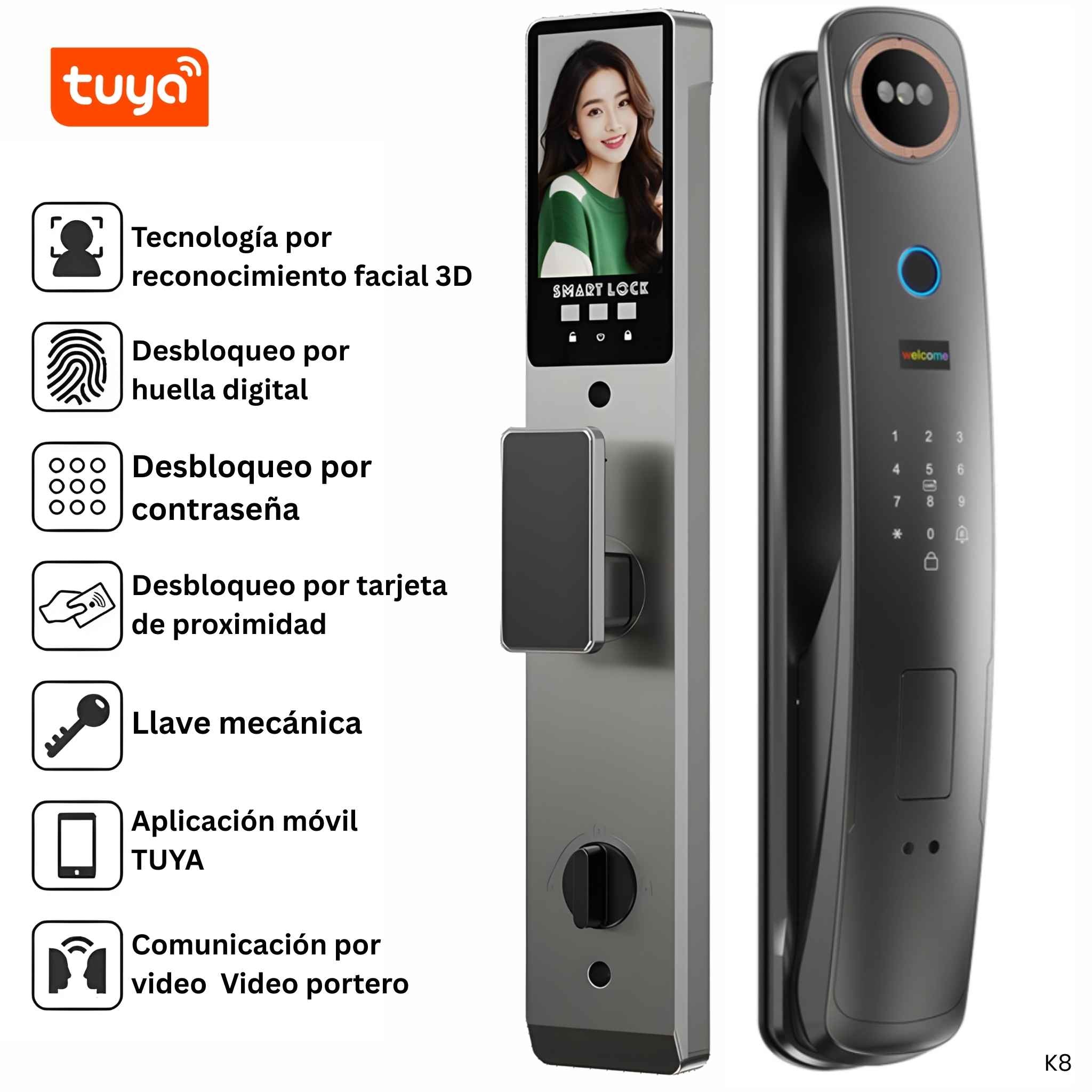 cerradura inteligente k8 reconocimiento facial huella clave aplicacion tuya