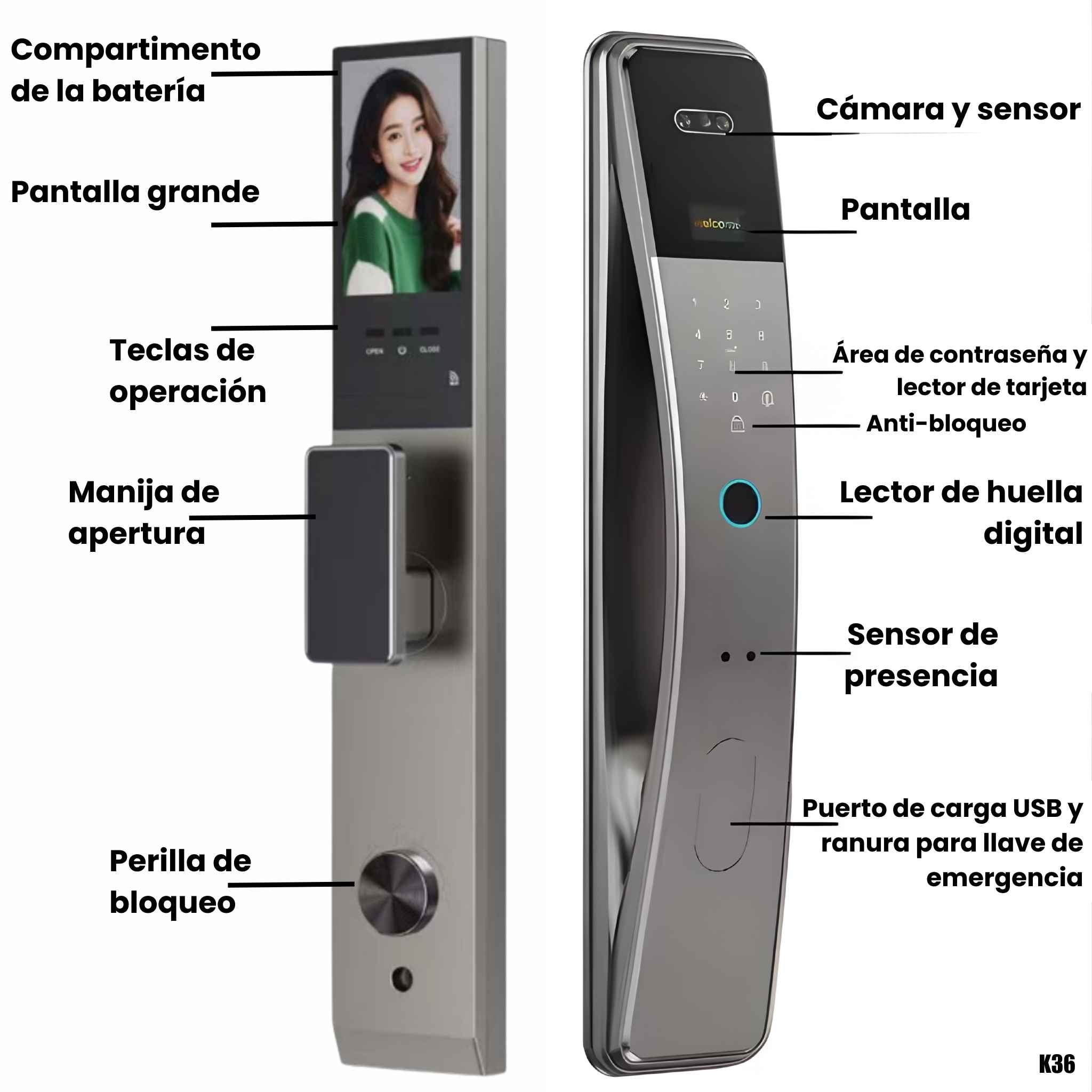Cerradura inteligente para puerta con desbloqueo por rostro, huella, tarjeta y por aplicación Tuya