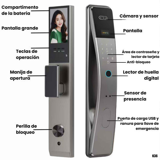 Cerradura inteligente para puerta con desbloqueo por rostro, huella, tarjeta y por aplicación Tuya