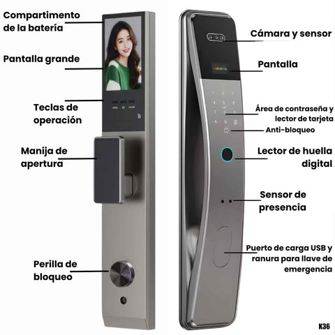 Cerradura inteligente para puerta con desbloqueo por rostro, huella, tarjeta y por aplicación Tuya