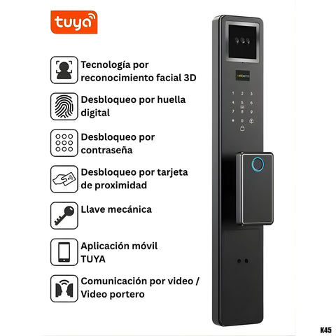 Cerradura Inteligente K45 Facial 3D, WiFi, App Tuya y Videoportero