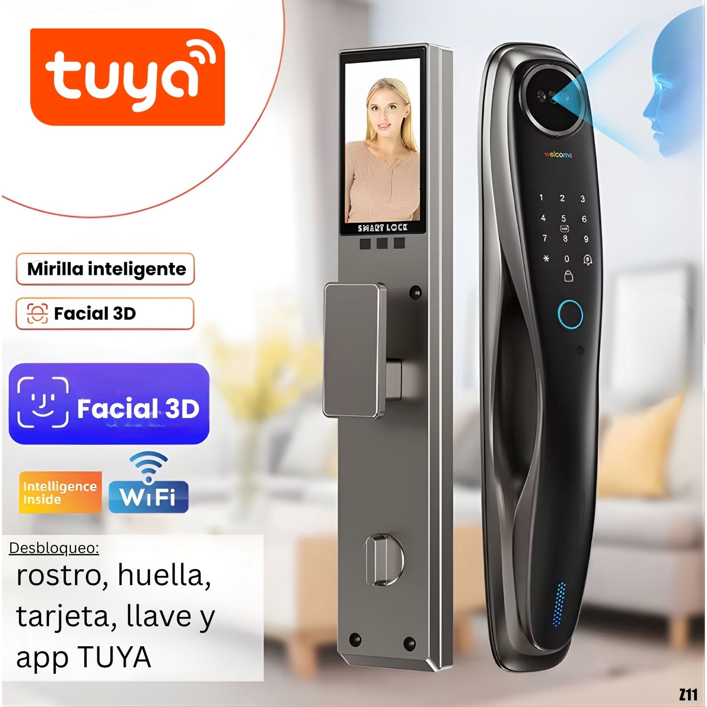 Cerradura inteligente Z11 con WiFi desbloqueo por rostro, huella y aplicación Tuya