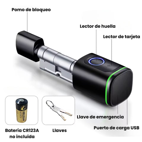 Cilindro inteligente sin llave con huella, app Tuya y tarjeta de proximidad