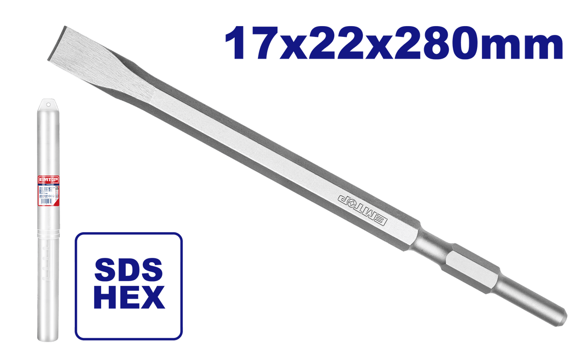 Cincel plano con encastre SDS HEX 17x22x280mm Emtop ECHS072822 - LA CASA DEL TELEFONO