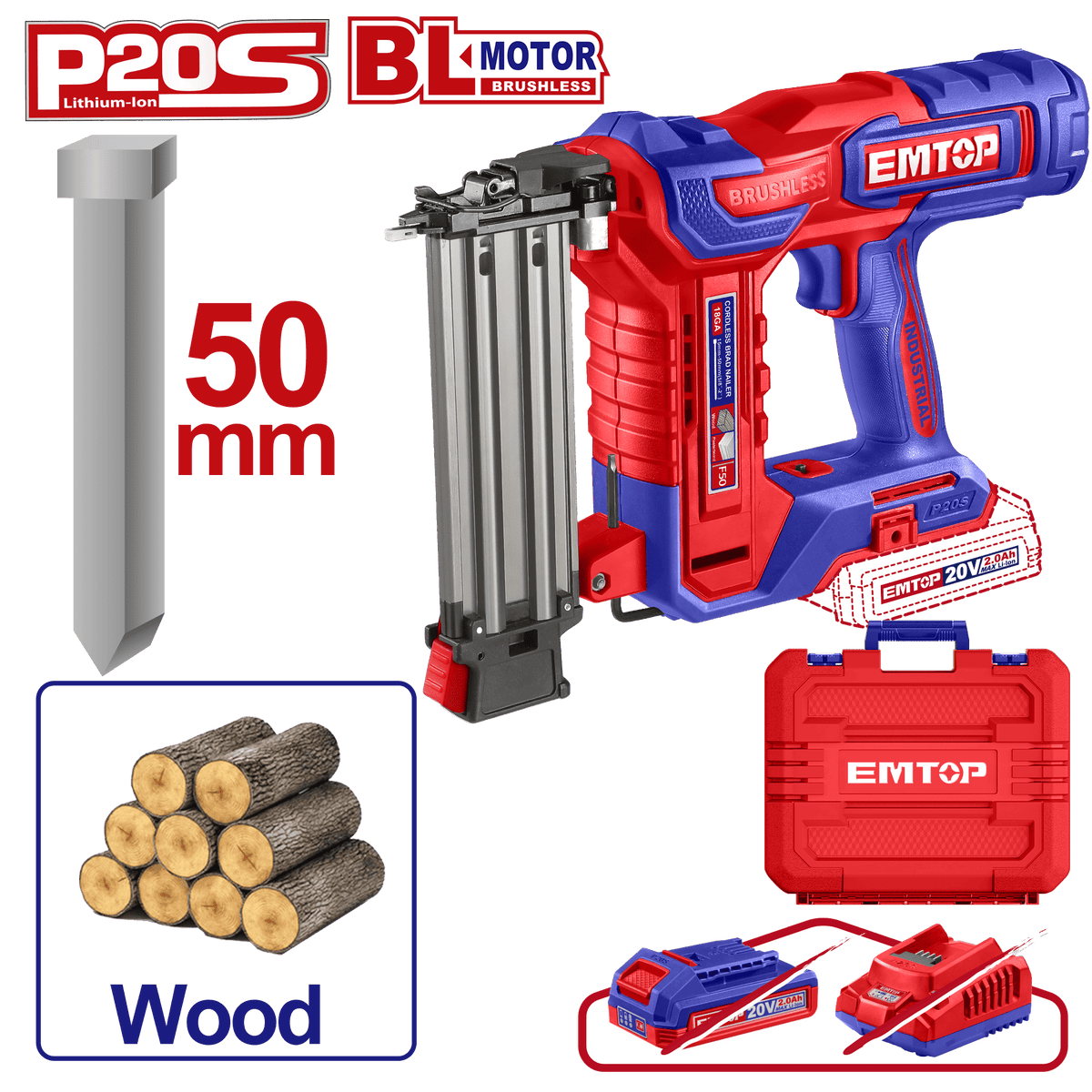 Clavadora de madera a batería 20V F15-F50 brad Ga18 sin brochas Emtop ELBNLI5005 - LA CASA DEL TELEFONO