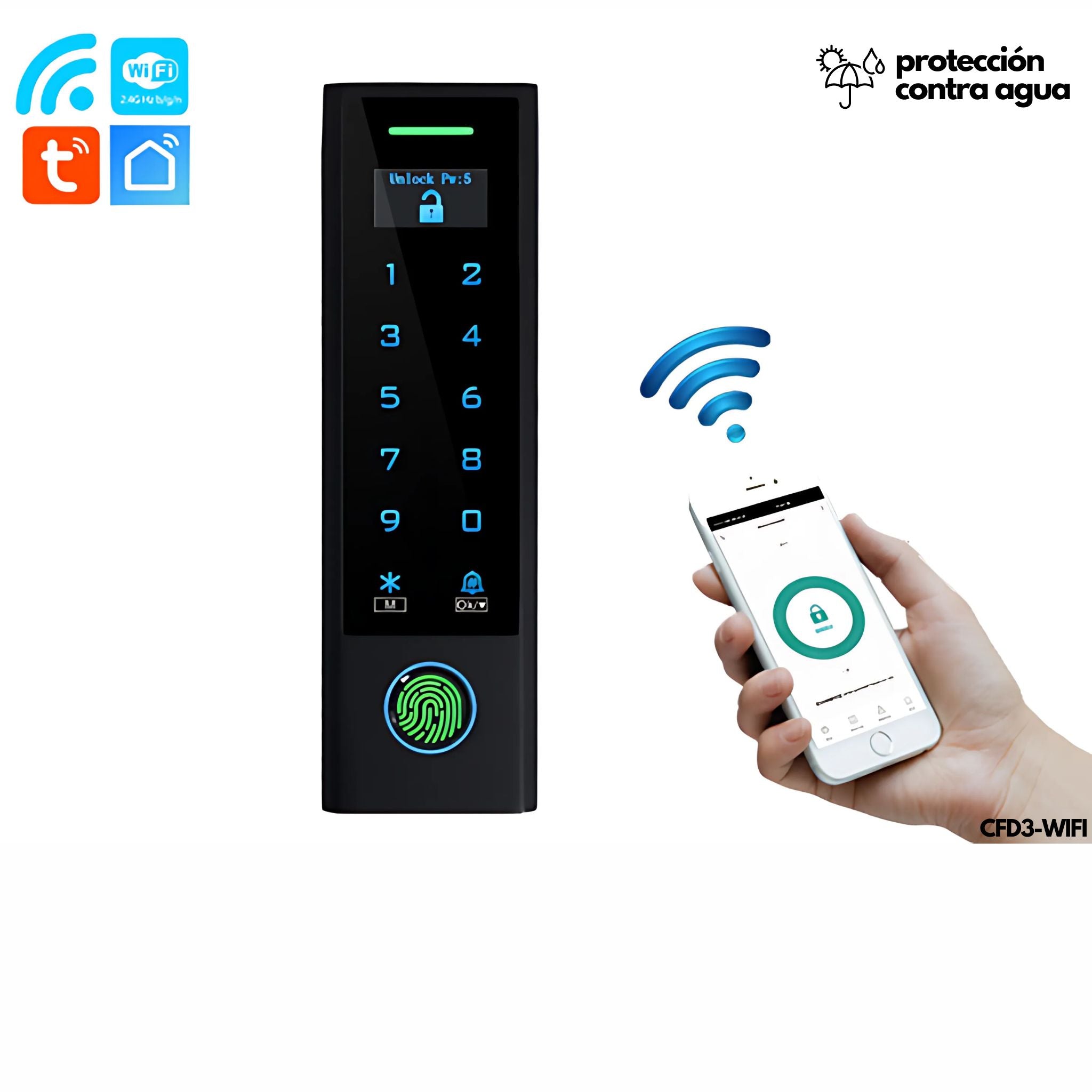 Control acceso WiFi OLED Secukey CFD3-WIFI huella tarjeta EM Tuya IP66