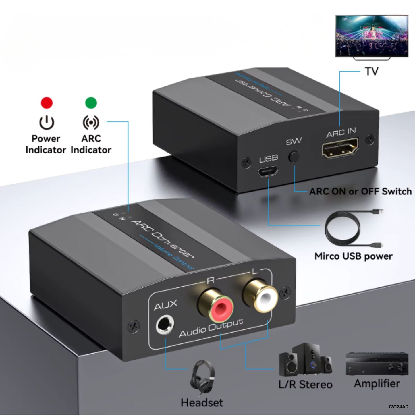 Convertidor de audio ARC HDMI a RCA y AUX CV124AD 