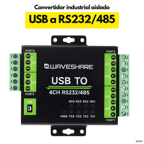 Convertidor USB a RS232 RS485 aislado industrial FT4232HL con gabinete metálico y montaje riel DIN en Panamá 