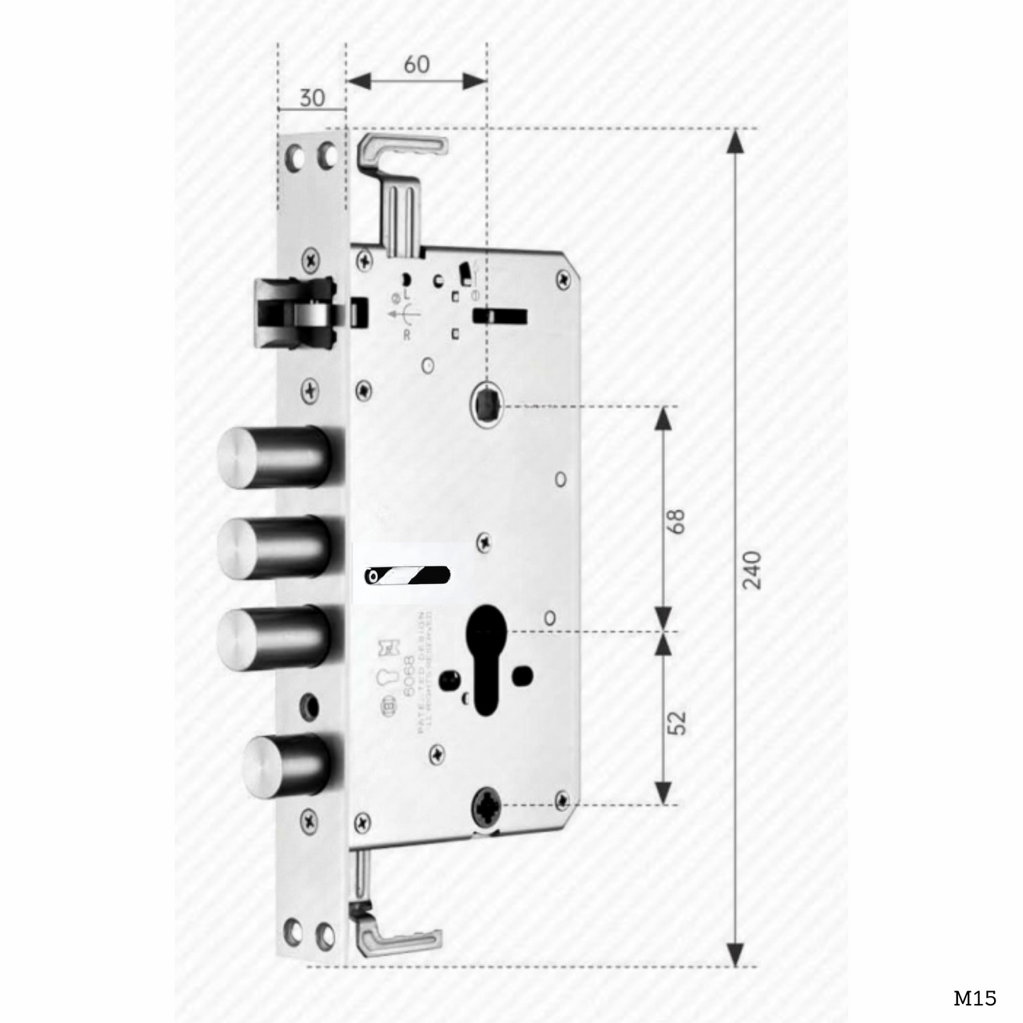 Cuerpo de cerradura M15 30x240mm con ganchos múltiples