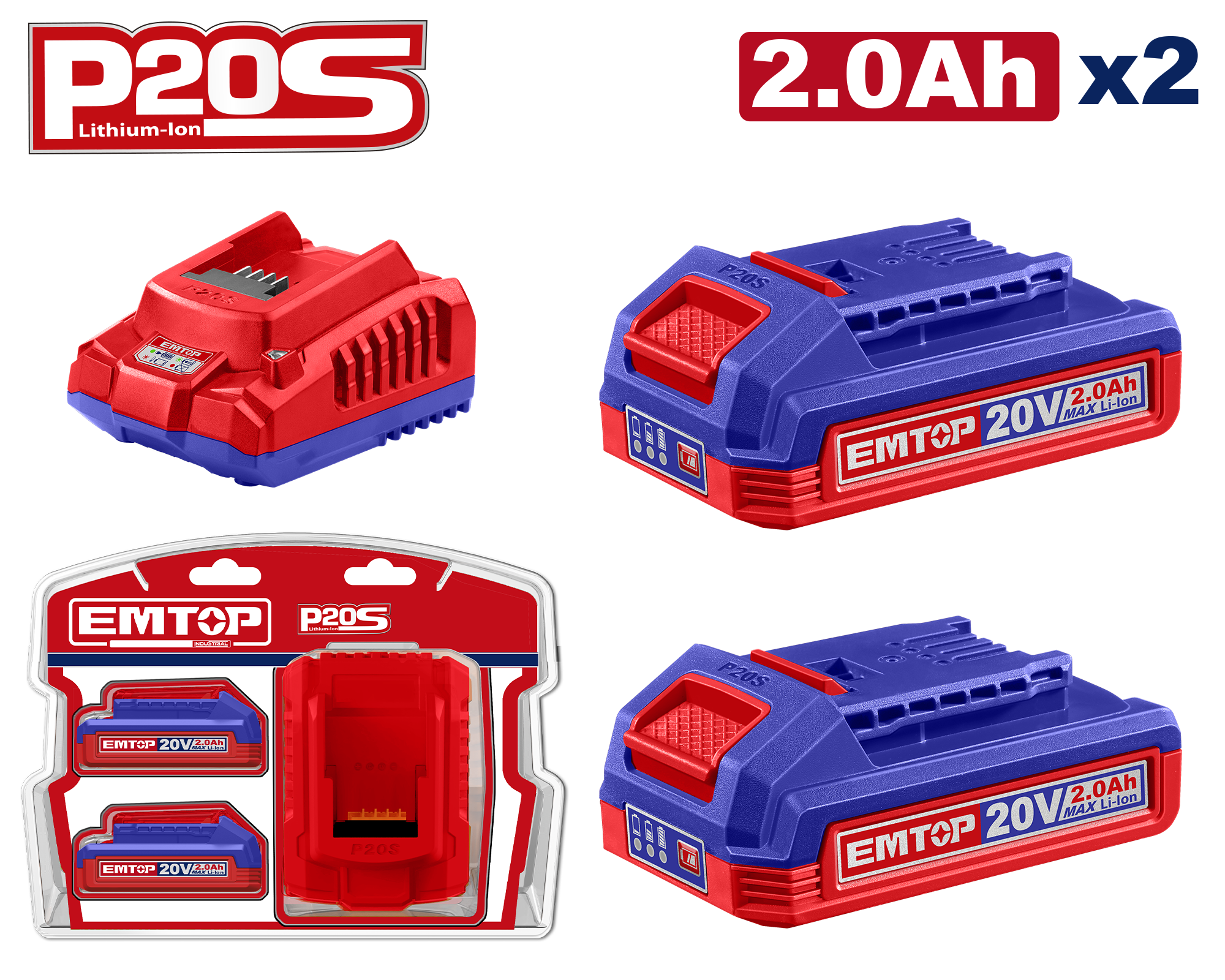 Kit de 2 baterías 20V 2.0Ah y cargador rápido Emtop ULBCPK1222