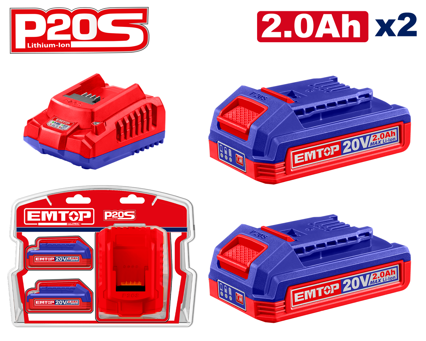 Kit de 2 baterías 20V 2.0Ah y cargador rápido Emtop ULBCPK1222