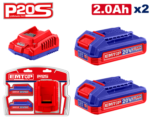 Kit de 2 baterías 20V 2.0Ah y cargador rápido Emtop ULBCPK1222