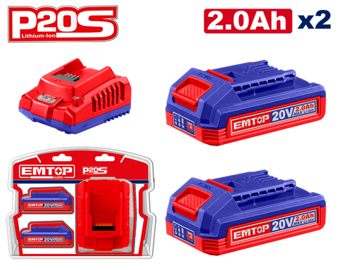 Kit de 2 baterías 20V 2.0Ah y cargador rápido Emtop ULBCPK1222