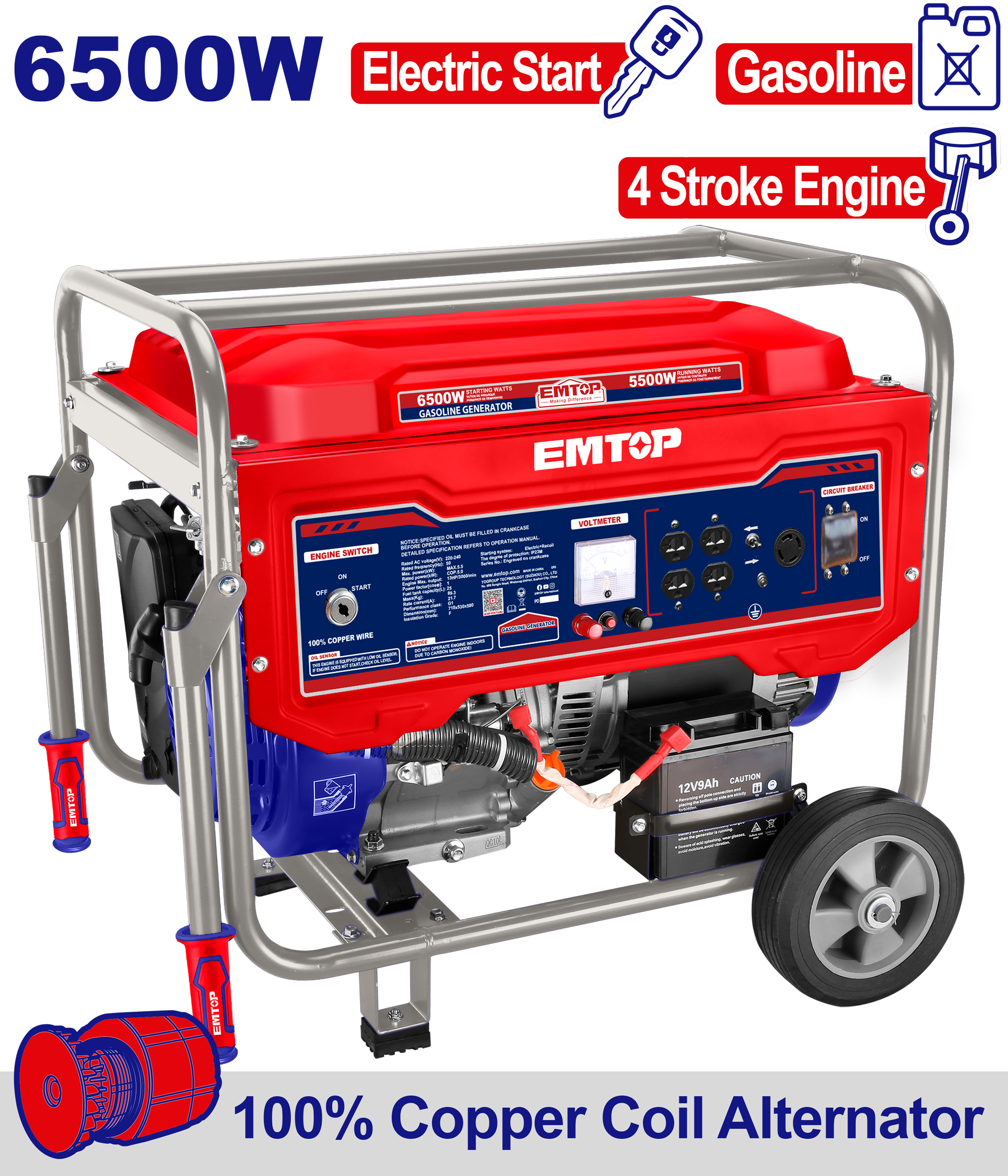 Generador a gasolina de 6500 watts motor 4T Emtop ULGGRD6511