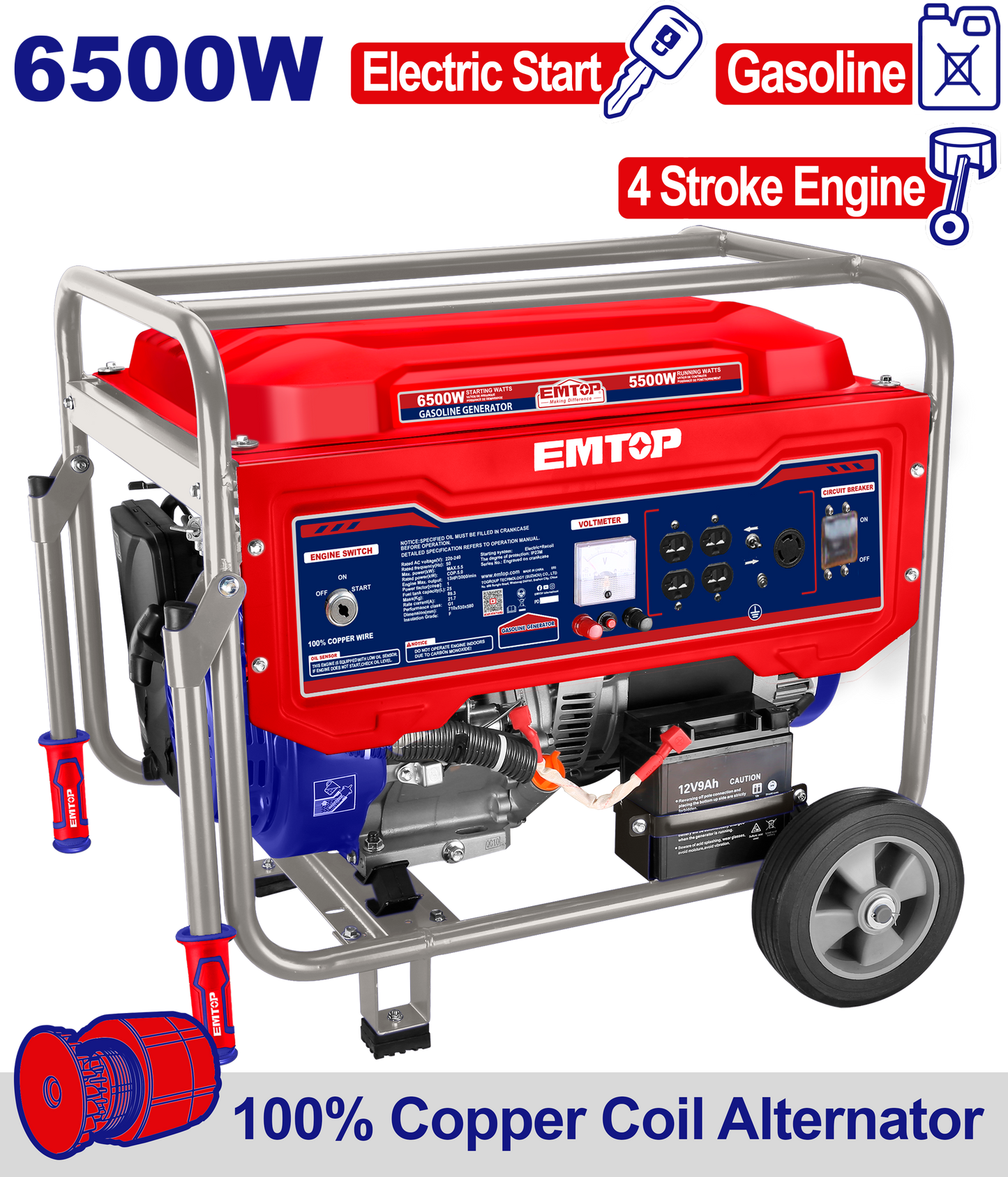 Generador a gasolina de 6500 watts motor 4T Emtop ULGGRD6511