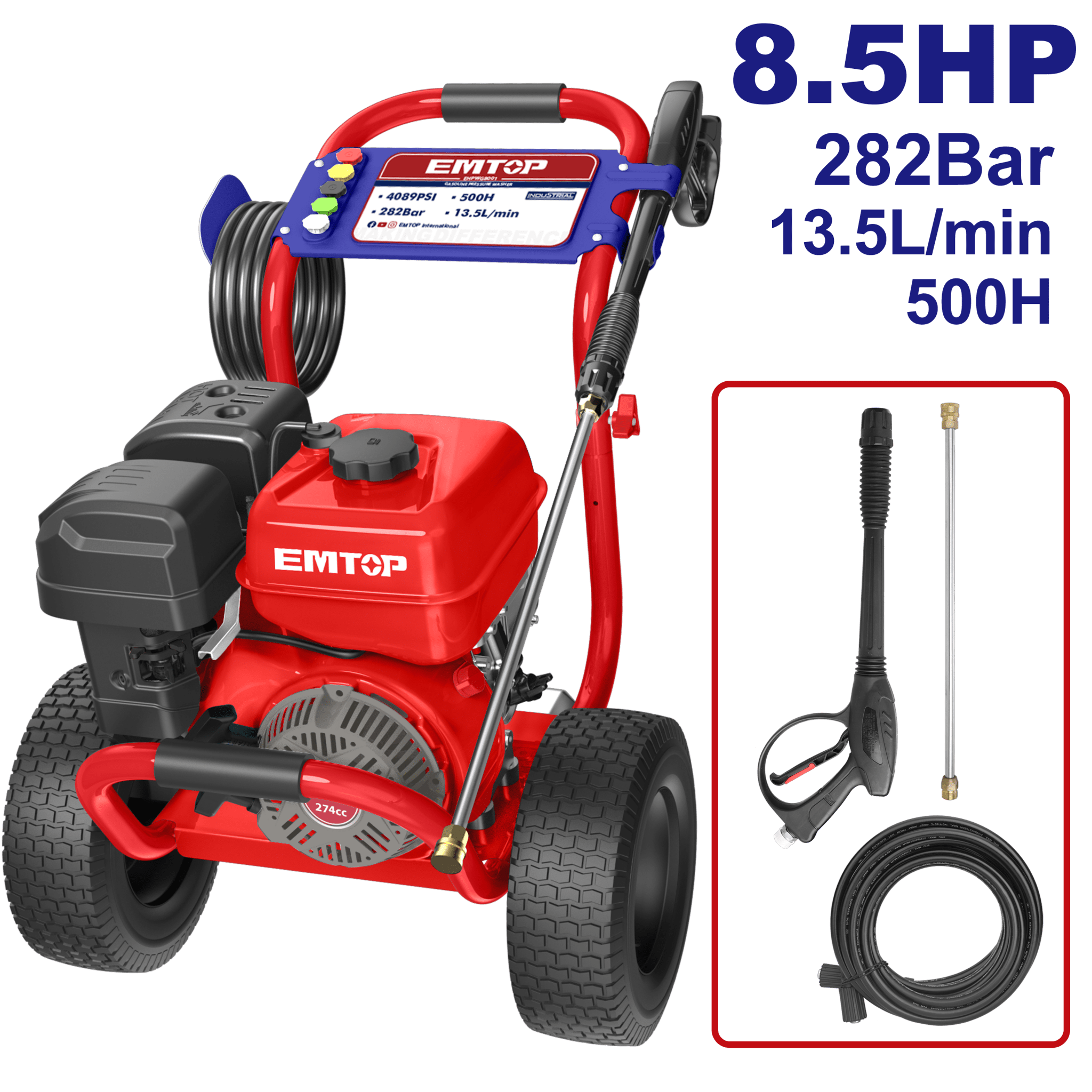 Hidrolavadora a gasolina 8.5HP 4089PSI de uso comercial Emtop EHPWG8001 - LA CASA DEL TELEFONO