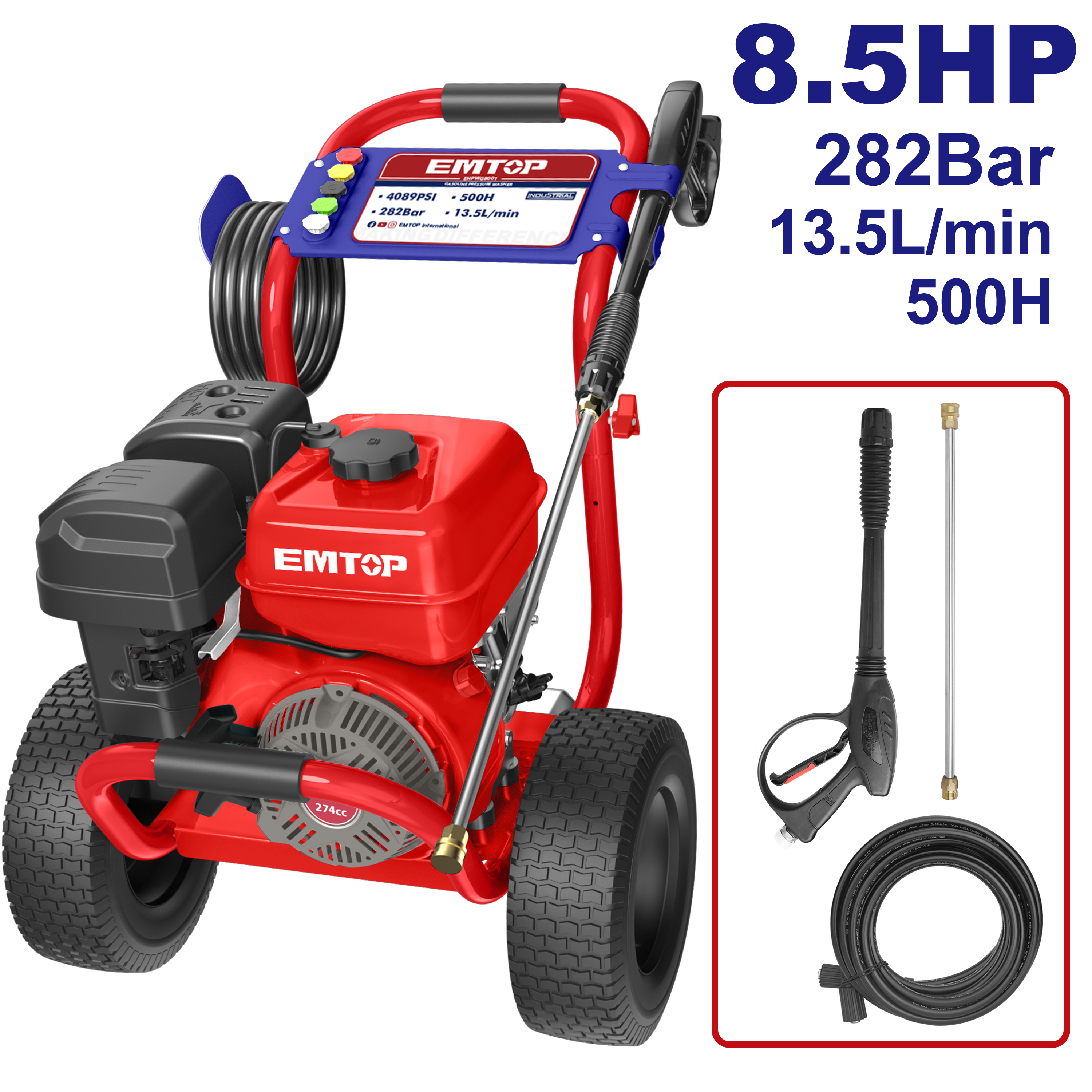 Hidrolavadora a gasolina de uso comercial 8.5HP 4089PSI Emtop EHPWG8001