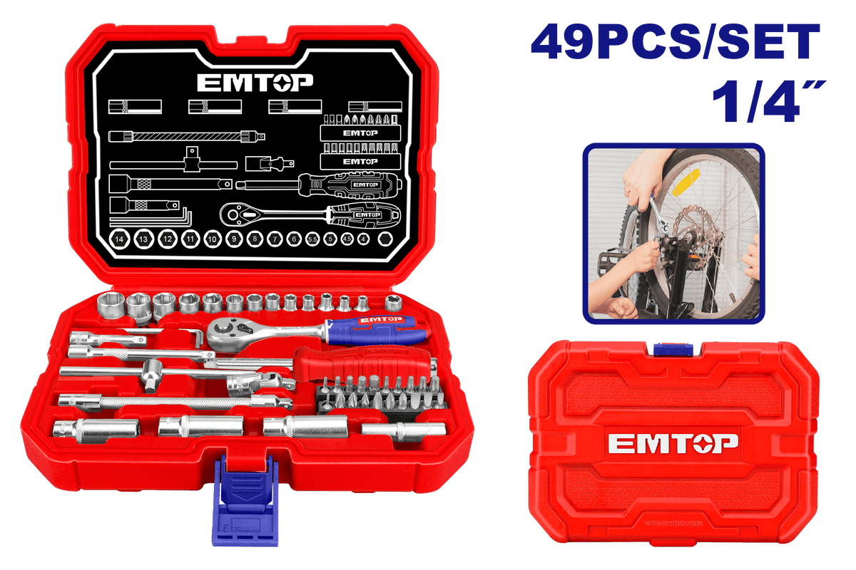Juego de 49 piezas de dados y trinquete de 1/4” – EMTOP ESKT14491 - LA CASA DEL TELEFONO