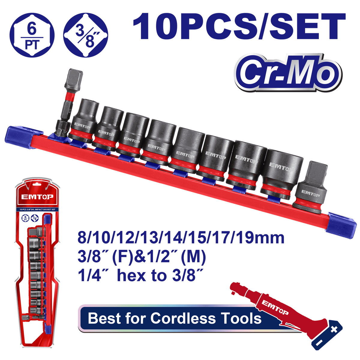Juego de sockets dados de impacto 3/8 Emtop EMSSD38104 de 10 Piezas - LA CASA DEL TELEFONO