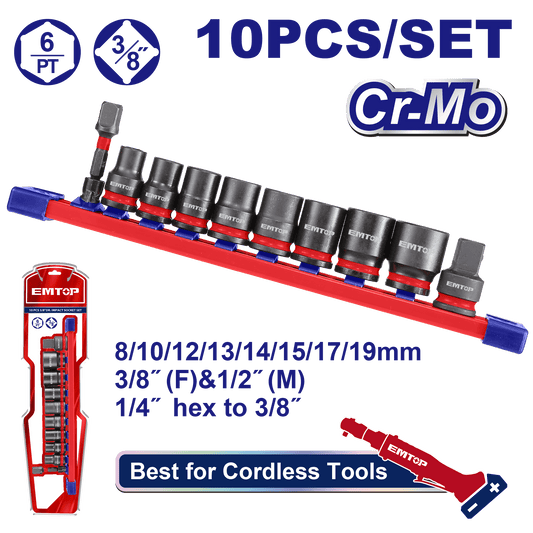 Juego de sockets dados de impacto 3/8 Emtop EMSSD38104 de 10 Piezas - LA CASA DEL TELEFONO