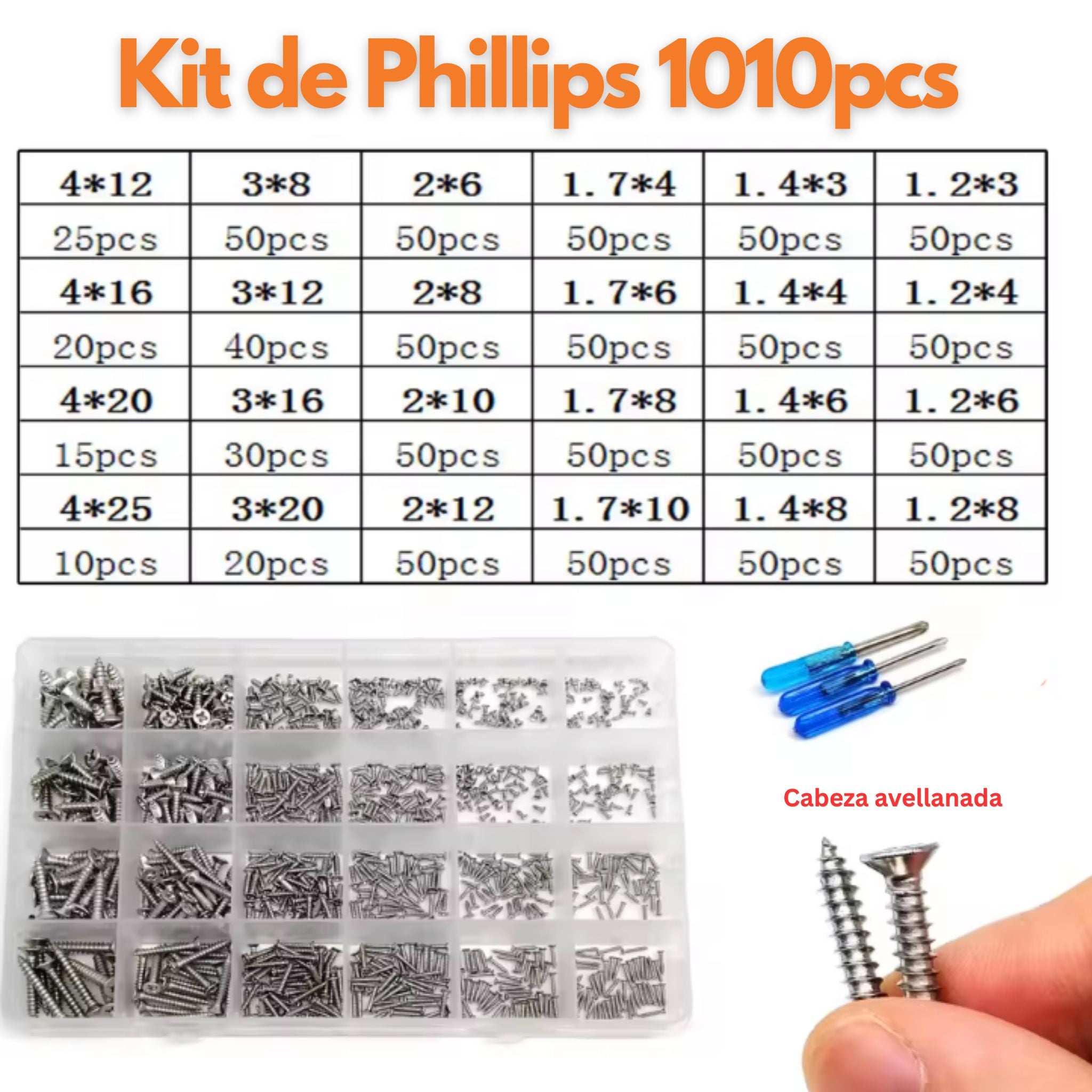 Kit 1010 tornillos autorroscantes Phillips cabeza avellanada acero 304 24 medidas Panama 