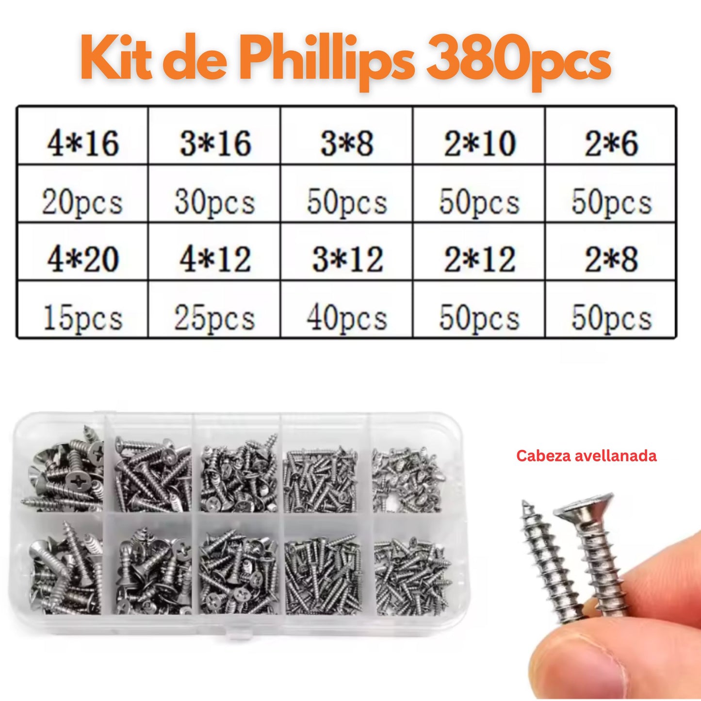 Kit 380 tornillos autorroscantes Phillips cabeza avellanada acero 304 TPCA-380 Panama 
