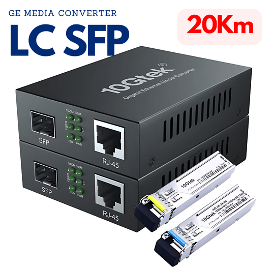Kit convertidor de medios fibra LC a ethernet, SM 20km – 10Gtek G0101-SFP(Kit 5)(x2) - LA CASA DEL TELEFONO