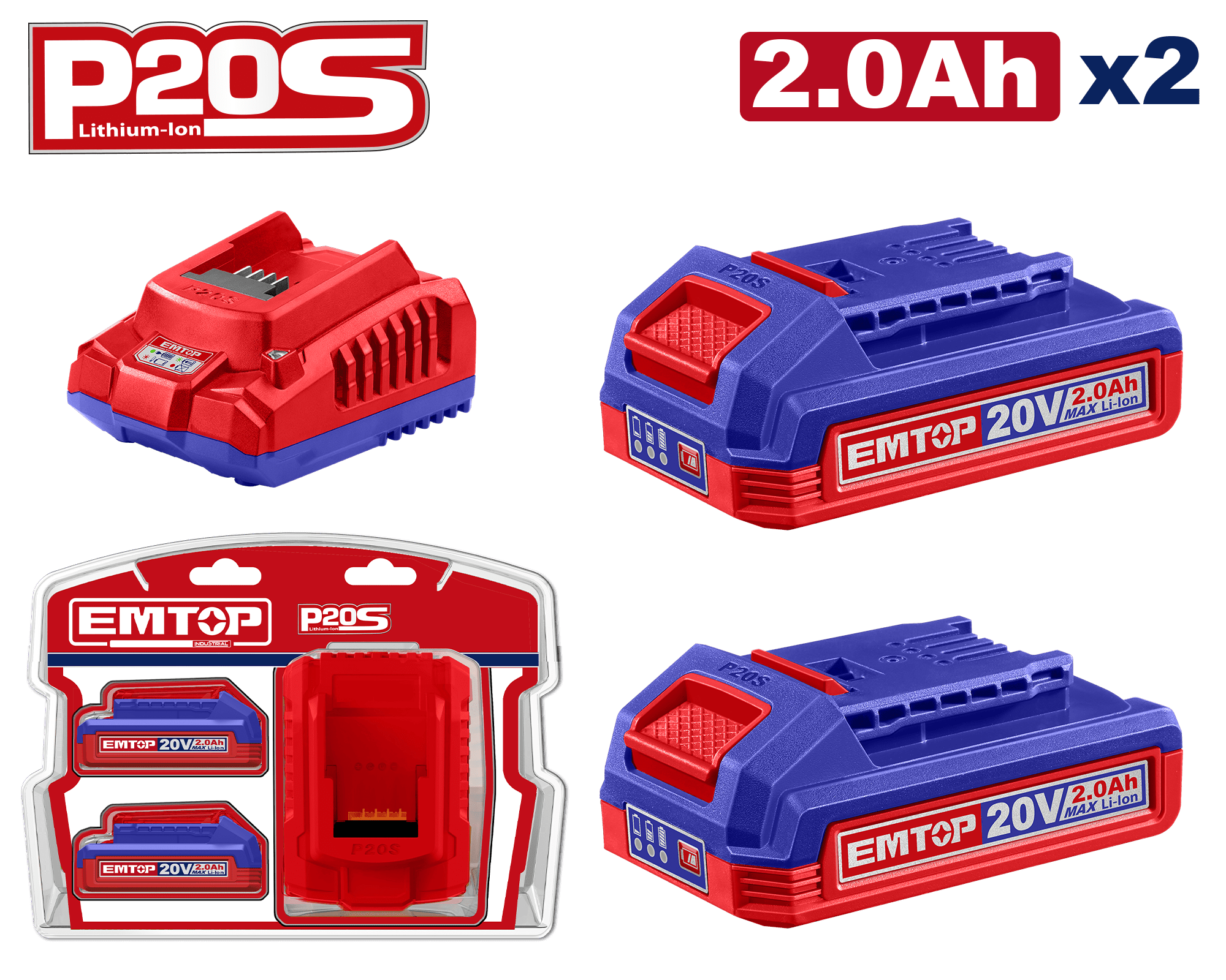 Kit de 2 baterías 20V 2.0Ah y cargador rápido Emtop ULBCPK1222 - LA CASA DEL TELEFONO