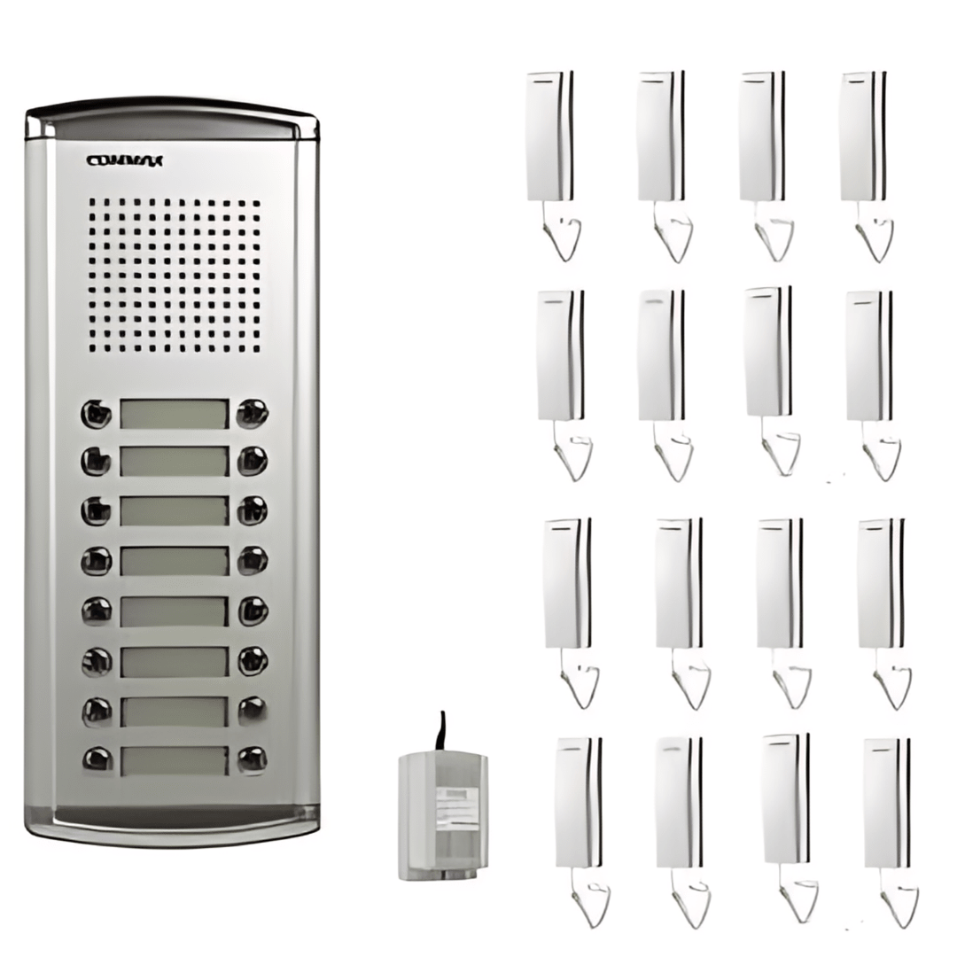 Kit de Botonera Commax DR-16AM: Botonera con 16 botones, 16 teléfonos para apartamentos y fuente de poder - LA CASA DEL TELEFONO