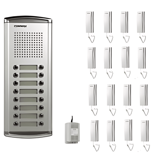 Kit de Botonera Commax DR-16AM: Botonera con 16 botones, 16 teléfonos para apartamentos y fuente de poder - LA CASA DEL TELEFONO