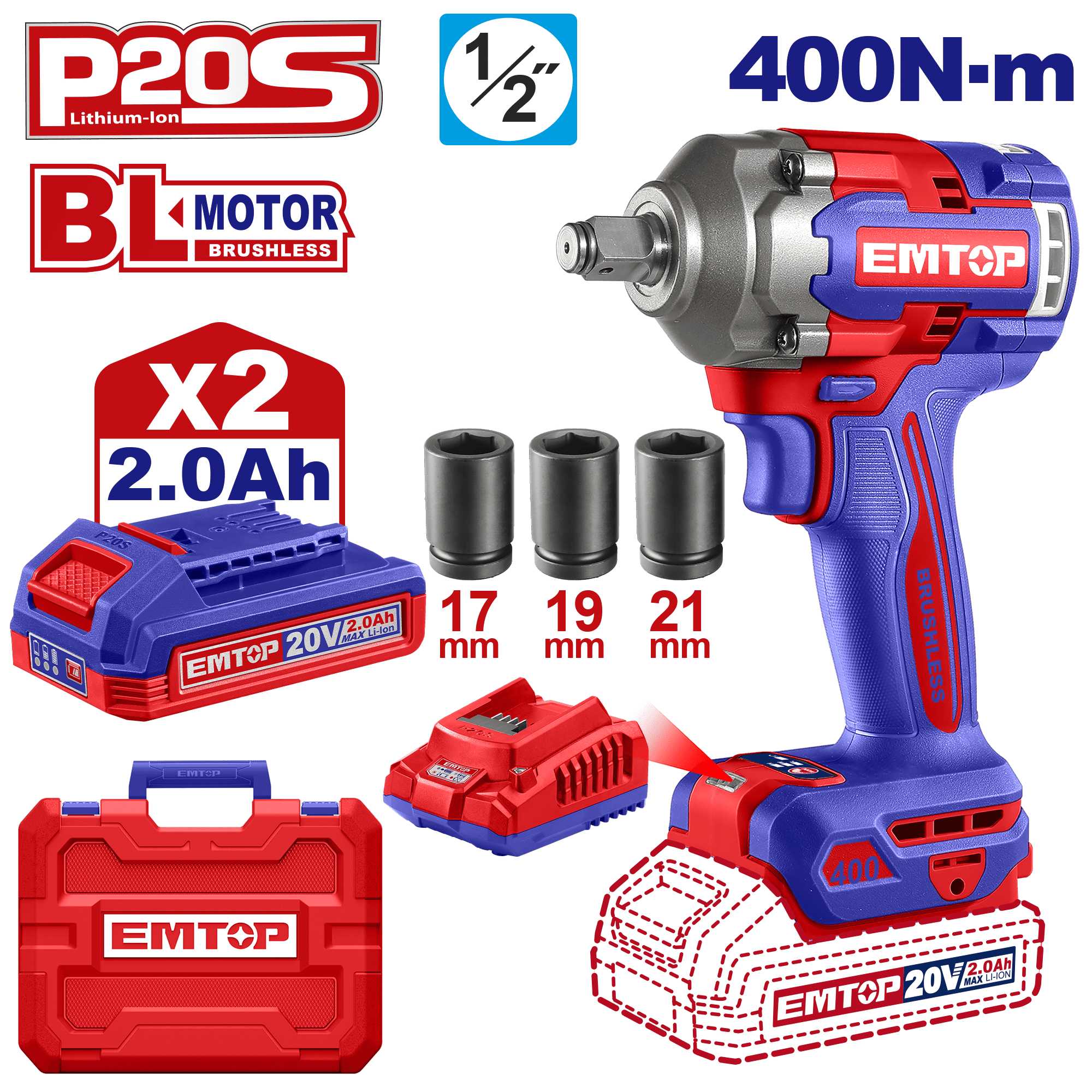 Kit llave de impacto 20V 400Nm Emtop ULCIWL2040 motor sin brochas - LA CASA DEL TELEFONO