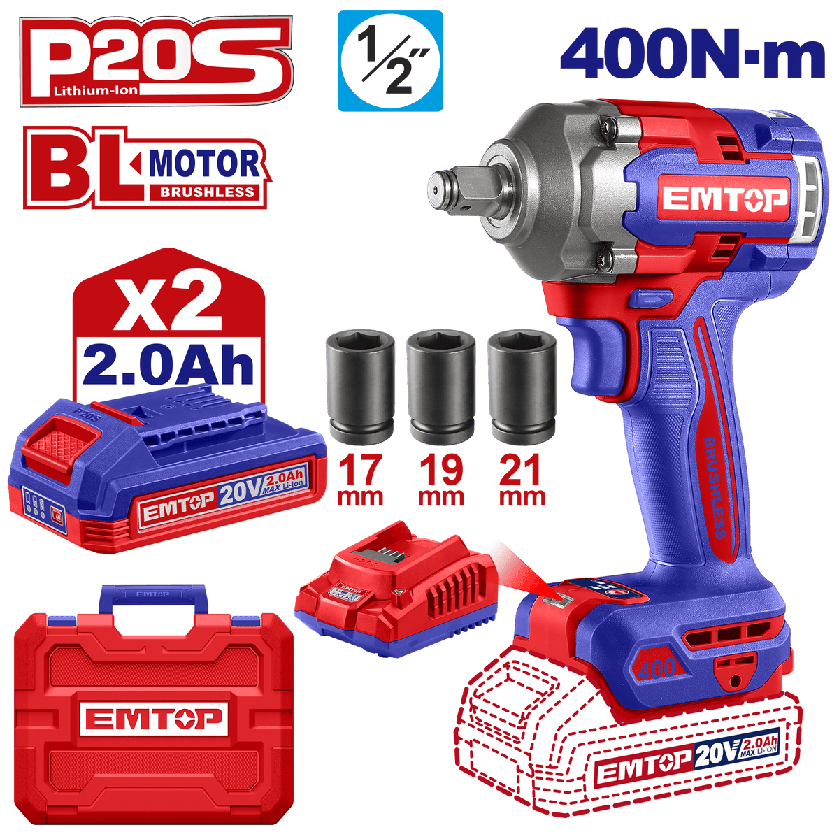 Kit llave de impacto 20V 400Nm Emtop ULCIWL2040 motor sin brochas - LA CASA DEL TELEFONO