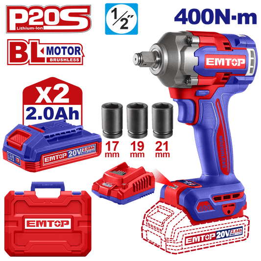 Kit llave de impacto 20V 400Nm Emtop ULCIWL2040 motor sin brochas - LA CASA DEL TELEFONO