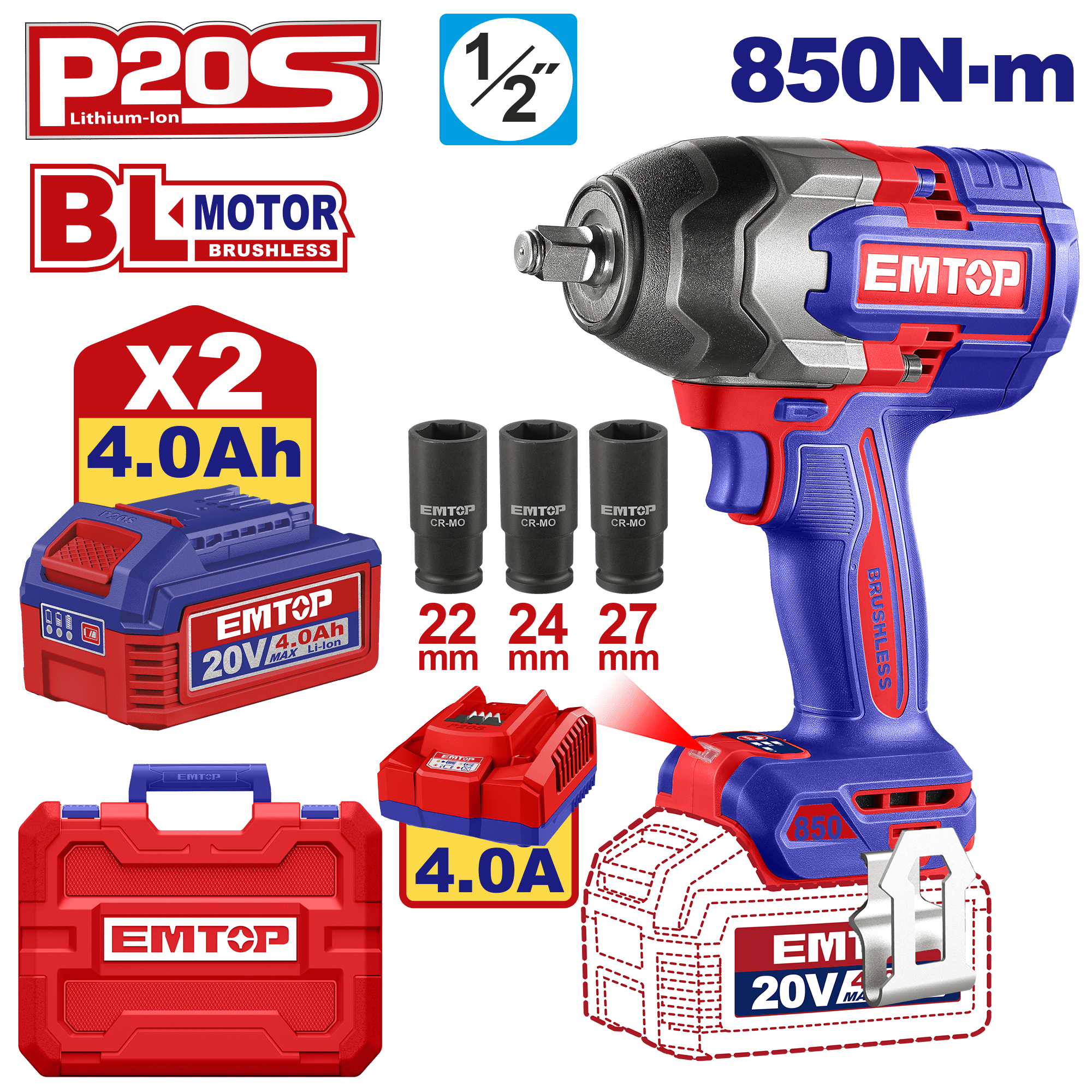 Kit llave de impacto 850Nm 20V Emtop ULCIWL2085 motor sin brochas - LA CASA DEL TELEFONO