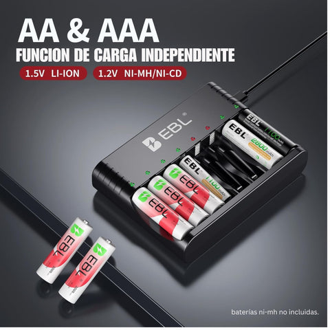 Cargador de baterías AA AAA EBL + 8 baterías recargables AA de litio