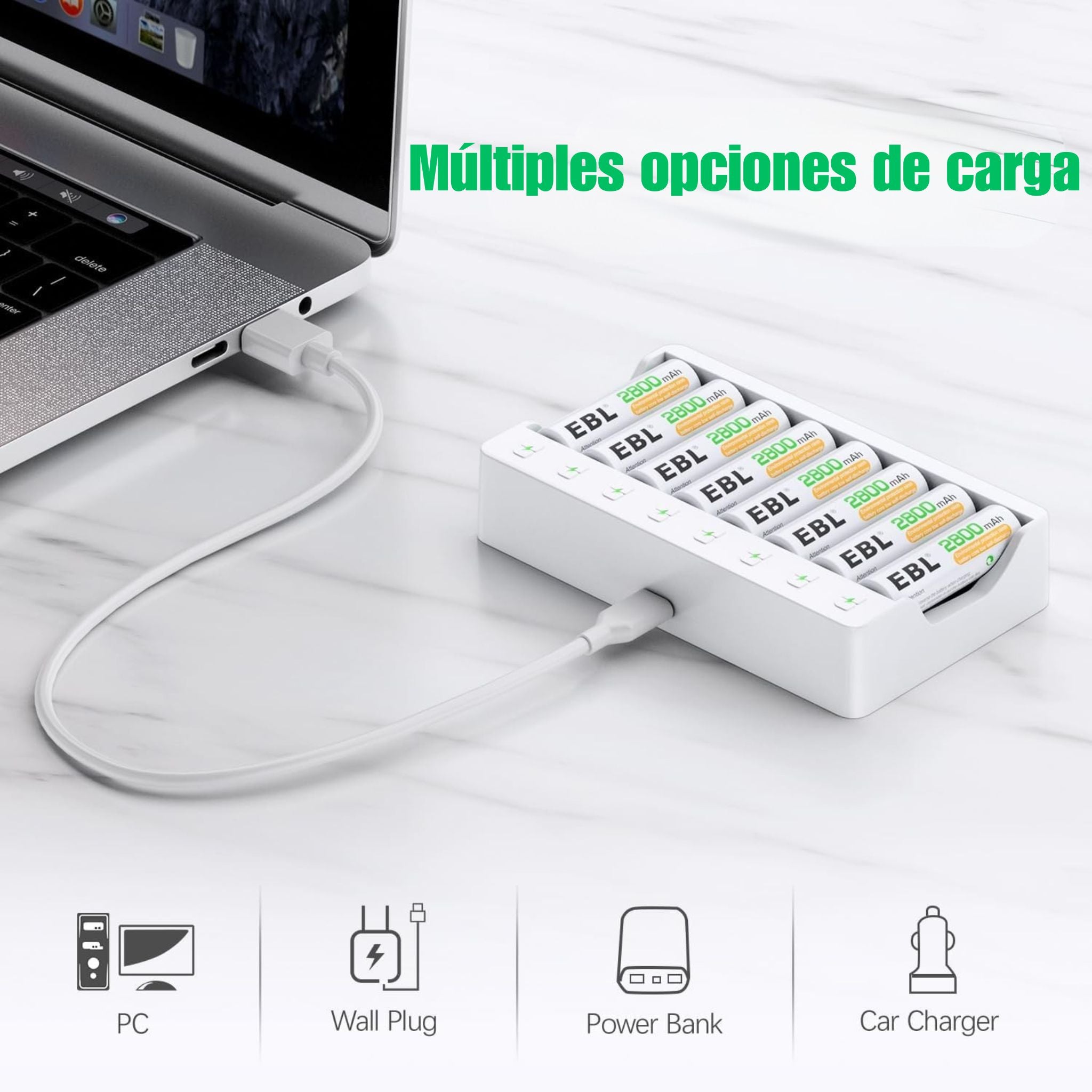 Kit cargador rápido USB para batería AA y AAA + 8 baterías recargables AA