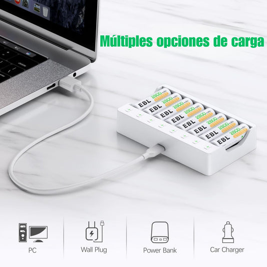 Kit cargador rápido USB para batería AA y AAA + 8 baterías recargables AA