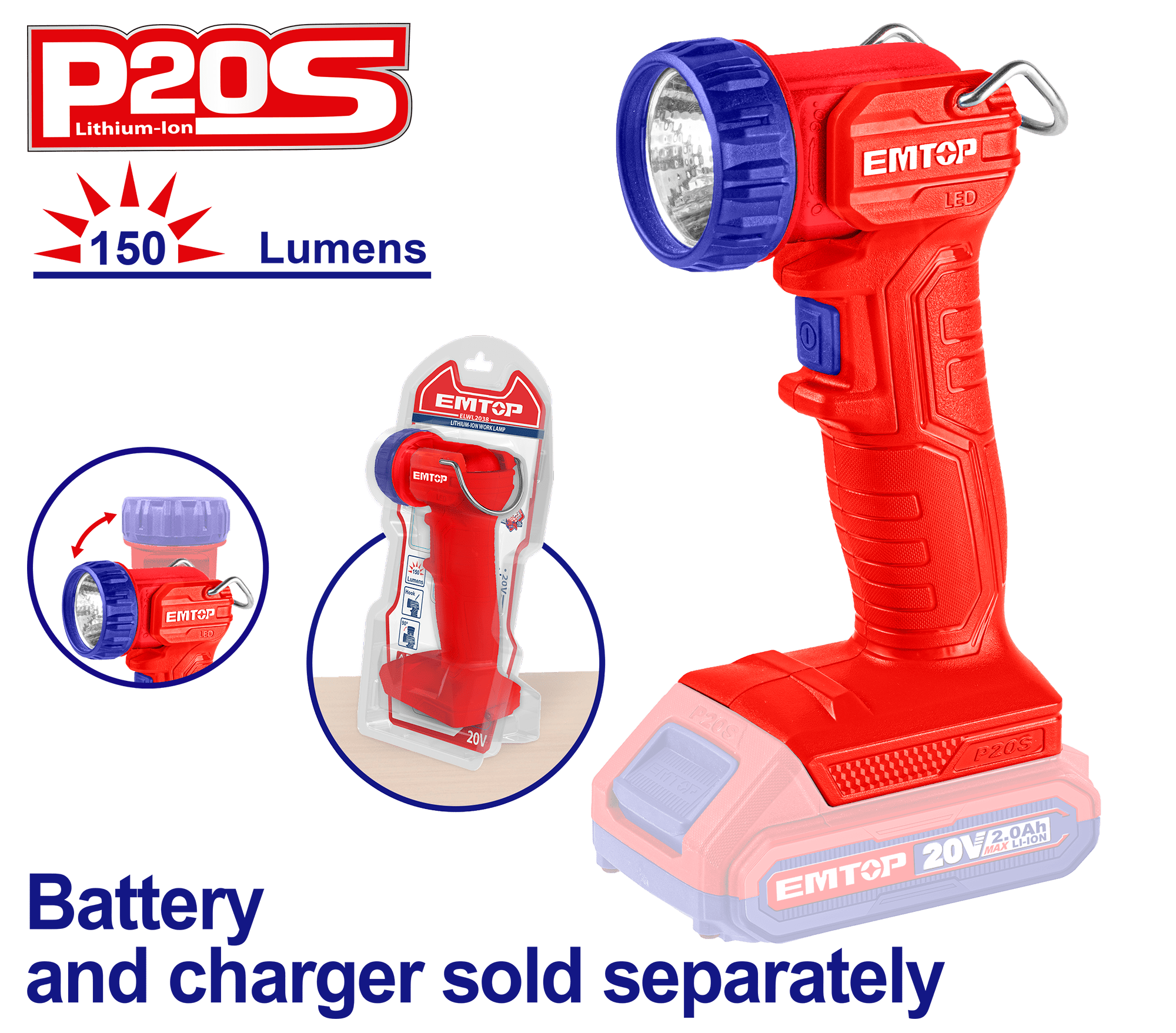 Lámpara de trabajo con luz LED Emtop ELFL2001 de 20V, 1.5W, 150 lumens - LA CASA DEL TELEFONO