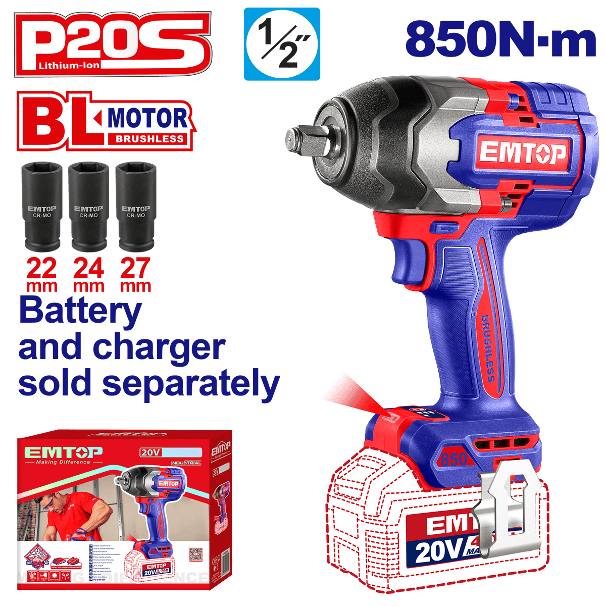 Llave de impacto 20V 850Nm Emtop ECIWL20851 - LA CASA DEL TELEFONO