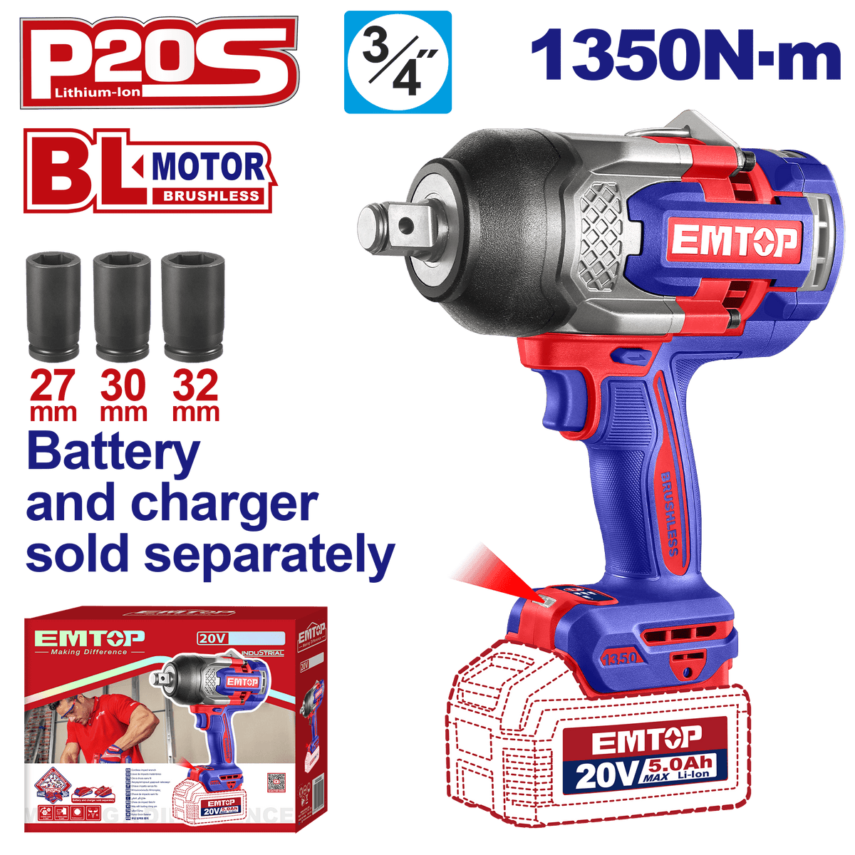 Llave de impacto inalámbrico EMTOP ECIWL201351 de potencia extrema 1350Nm - LA CASA DEL TELEFONO