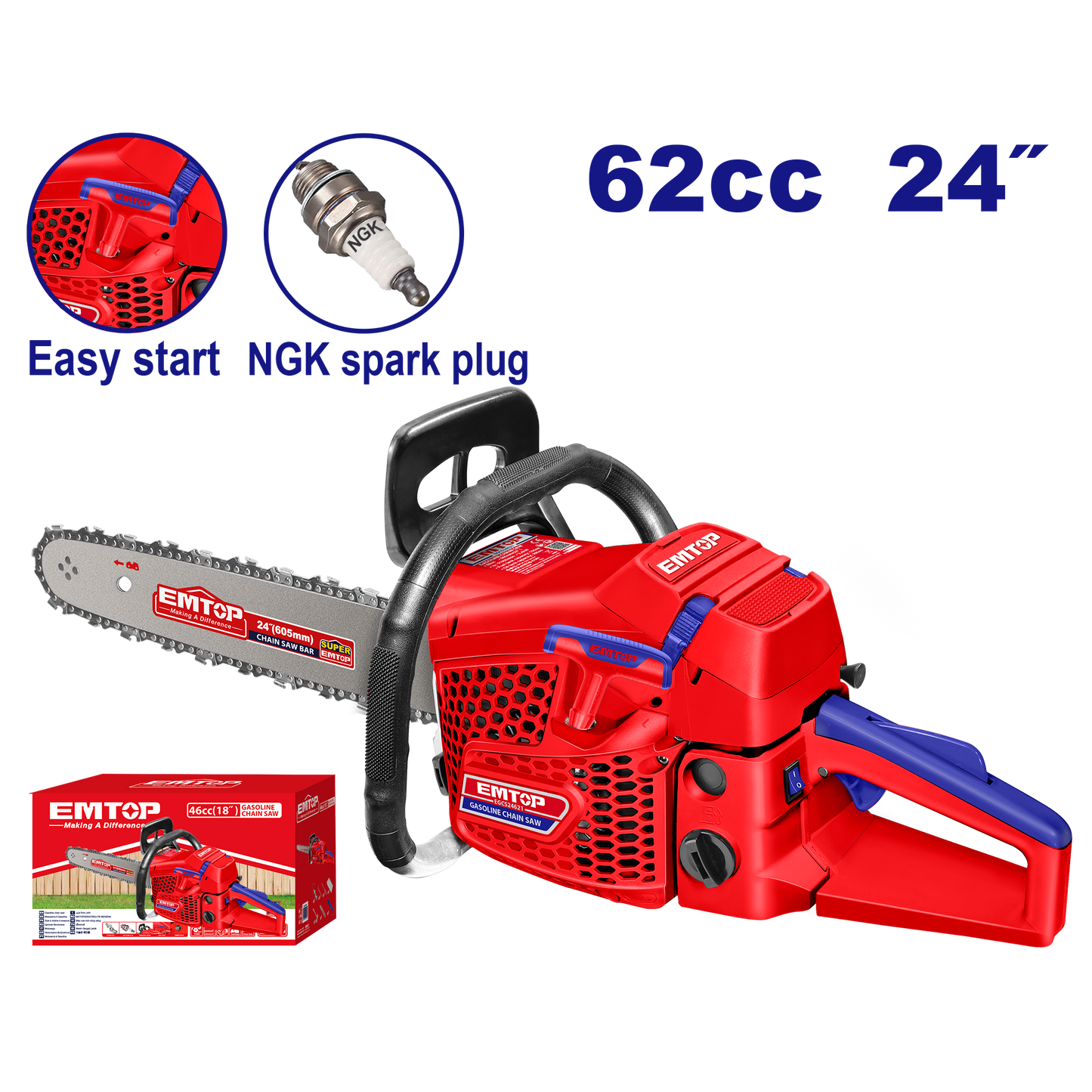 Motosierra a gasolina 24 pulgadas 62CC motor 2T – EMTOP EGCS24621