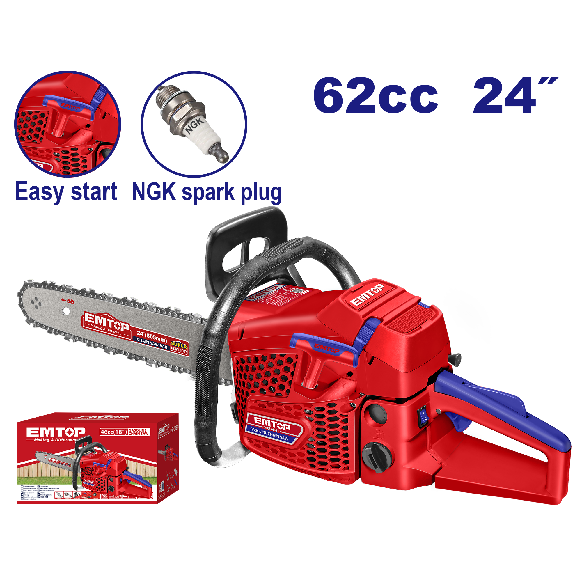 Motosierra a gasolina 24 pulgadas 62CC motor 2T – EMTOP EGCS24621