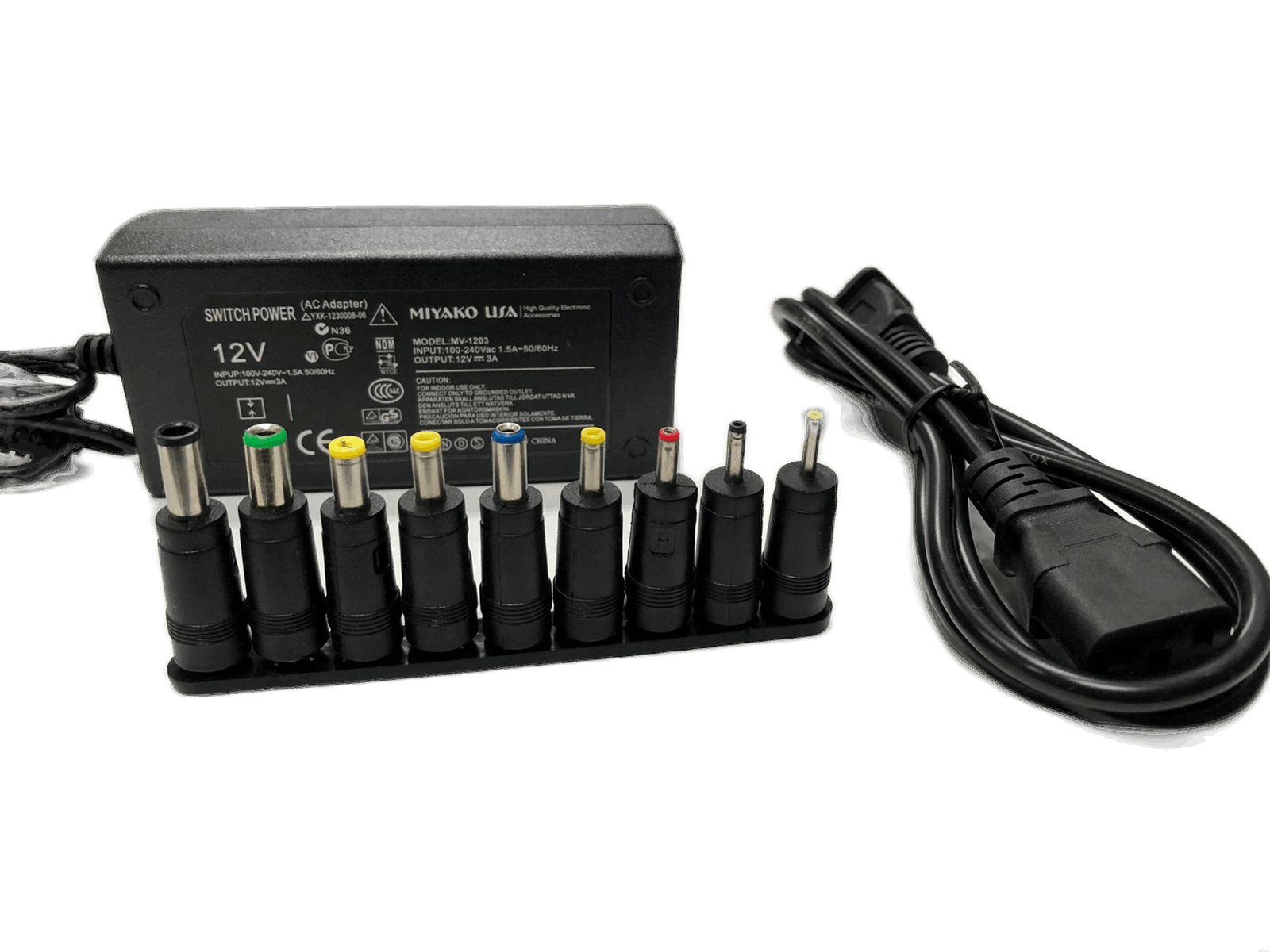 Adaptador de corriente variable de 12Vdc 3A, puntas intercambiables – Miyako MV-1203