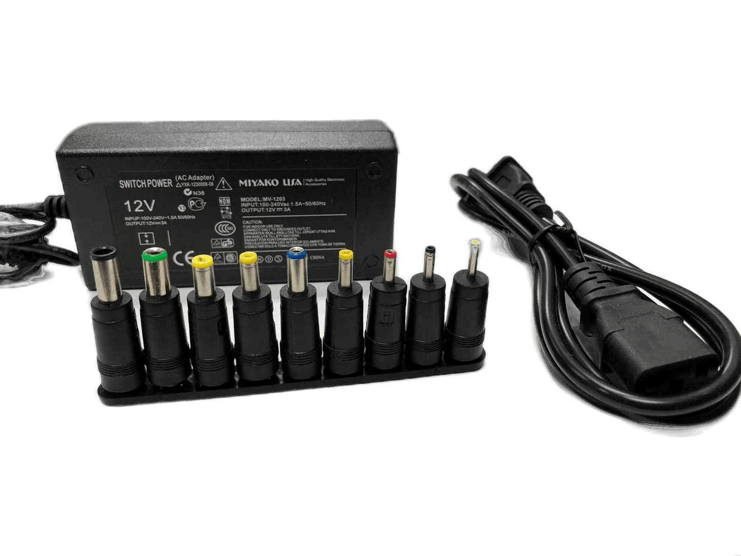 Adaptador de corriente variable de 12Vdc 3A, puntas intercambiables – Miyako MV-1203